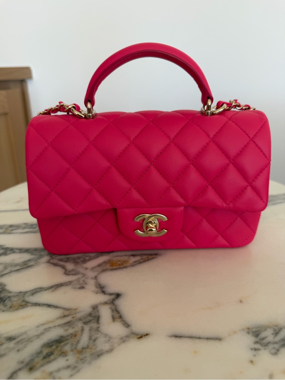 CHANEL Quilted Top-Handle Flap Bag in Fuchsia with Gold Hardware